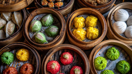 Brightly colored dim sum dishes fill bamboo steamers at a busy market. Guests explore different flavors and styles, enjoying this traditional cuisine during midday.の素材