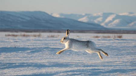 A snowshoe hare jumps gracefully across a snowy field surrounded by mountains. The scene captures the beauty of winter during the day, highlighting nature's serenity.の素材