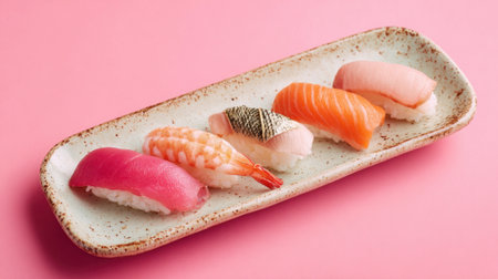 An appealing selection of colorful sushi pieces is neatly arranged on a ceramic plate. The vibrant pink backdrop enhances the freshness of the seafood, showcasing a delightful dining experience.の素材