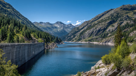 A dam stands beside a clear lake, framed by lush green forests and towering mountains in the background. The scene is serene and inviting under bright blue skies.の素材