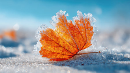 An orange maple leaf lies on fresh snow, dusted with frost. The clear blue sky creates a vivid backdrop, capturing the beauty of winter. Nature showcases its delicate details.の素材