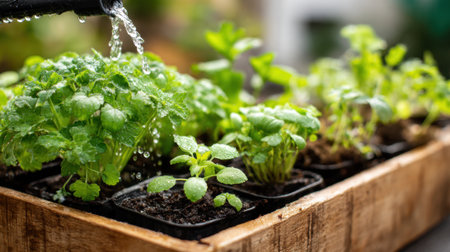 Herbs are being watered in small containers on a wooden tray. The plants are vibrant and thriving in a well-lit area, showing fresh green leaves.の素材