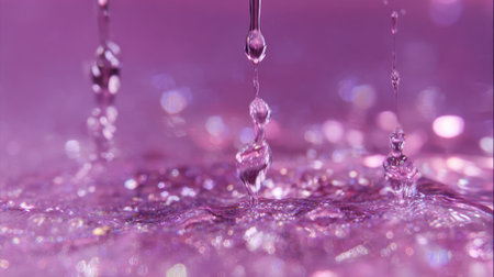 Droplets fall gently onto a smooth purple surface, creating splashes and ripples. Shimmering reflections enhance the calm atmosphere, showcasing a serene water scene.の素材
