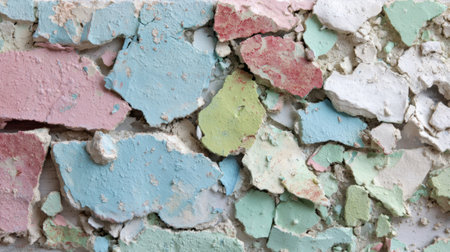 Chipped paint in various pastel colors covers a weathered wall, showing layers of texture and history. The scene captures the beauty of decay and urban art in a lively neighborhood.の素材
