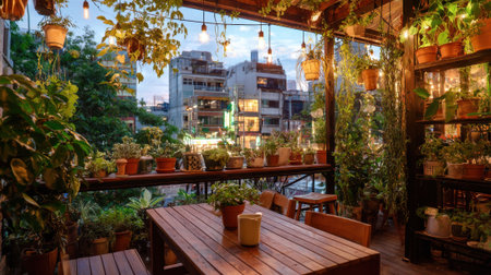 A warm and inviting outdoor dining space surrounded by lush greenery and pots of plants. The sun sets, casting a golden glow and enhancing the urban backdrop of buildings.の素材