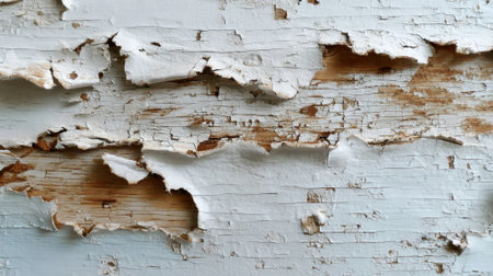 Close-up view of weathered paint on a wooden surface, showing layers of peeling texture. The light highlights the contrast between white paint and exposed wood grain.の素材