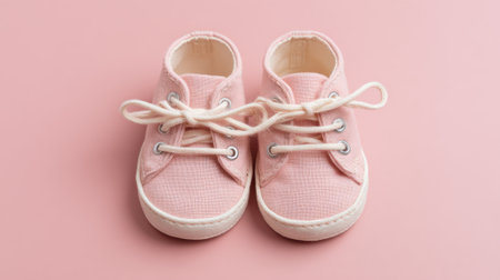 Delicate pink baby shoes are neatly tied and placed on a soft pink surface. These cute and stylish shoes are ideal for infants and toddlers, adding charm to any outfit.の素材