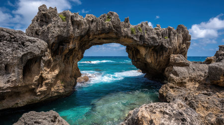 A stunning rock arch sits over turquoise water, waves gently crash against the rocks. The sky is bright and blue with fluffy clouds on a warm, sunny day, creating a perfect coastal view.の素材