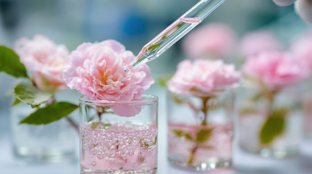 Delicate pink flowers are being nurtured with a dropper as they sit in clear glass containers filled with water. The scene is bright and fresh, showing nature's beauty.の素材
