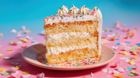 A slice of cake with layers of cream and sprinkles rests on a plate. The background features soft pastel colors, creating a cheerful atmosphere perfect for celebrations.の素材