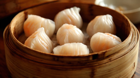 A bamboo steaming basket showcases freshly made shrimp dumplings. These bite-sized treats are served hot and ready to enjoy in a lively restaurant during lunch.の素材