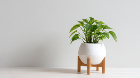 A stylish potted plant with vibrant green leaves sits on a wooden stand. The clean, minimalist background adds a fresh and calming touch to the modern interior design.の素材