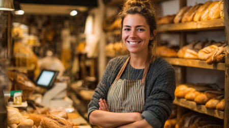 A young woman stands confidently in her bakery, smiling while surrounded by shelves full of various loaves. The warm lighting enhances the inviting atmosphere.の素材
