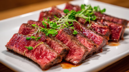 Slices of perfectly grilled steak are arranged neatly on a white plate, garnished with fresh microgreens for a vibrant touch. The steak looks tender and juicy, inviting diners to enjoy.の素材