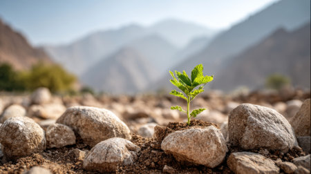 A small green plant grows between stones in a rocky, mountainous area under a clear blue sky. The sunlight highlights the resilience of nature.の素材