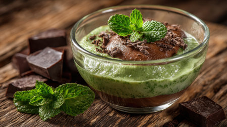 A rich mint chocolate dessert is served in a clear glass bowl, topped with fresh mint leaves and chocolate shavings. Dark chocolate chunks surround the bowl on a rustic wooden table.の素材