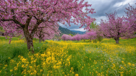 Cherry trees covered in pink blossoms stand guard over a bright yellow meadow filled with flowers and lush green grass under a cloudy spring sky, creating a serene landscape.の素材