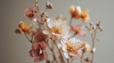 A charming bouquet of dried flowers showcases soft hues of pink, yellow, and white. The flowers are gently arranged against a pale background, creating a serene atmosphere.の素材