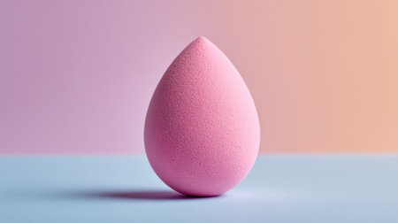 A pink makeup sponge sits upright on a light blue surface. The background features a soft gradient of pastel colors, adding a calm and modern vibe to the scene.の素材