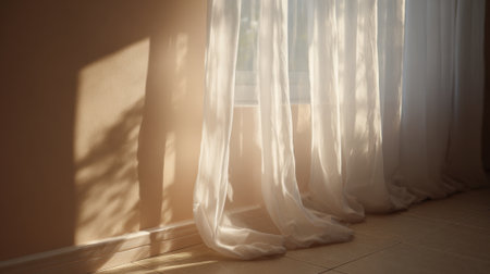Sunlight streams through sheer white curtains, casting delicate shadows on a warm-toned wall and tiled floor in a peaceful room during the afternoon.の素材