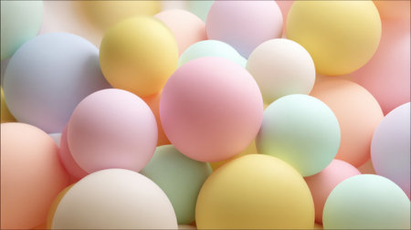 Soft pastel balls in shades of pink, blue, yellow, and green are scattered together, creating a cheerful and vibrant visual. Perfect for decorations or children's activities.の素材