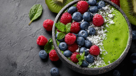 A vibrant smoothie bowl features a blend of green ingredients and is topped with blueberries, raspberries, and coconut. This nutritious dish is ideal for breakfast or a snack.の素材