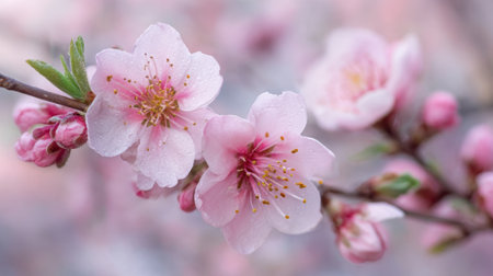 Delicate pink cherry blossoms bloom amidst green leaves, signaling the arrival of spring in a tranquil garden full of natural beauty and vibrant colors.の素材