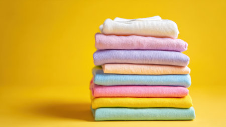 Brightly colored towels are neatly stacked on a yellow surface, showing a variety of soft pastels. This setup enhances any laundry or home decor scene.の素材