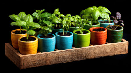 Brightly colored pots hold different types of basil plants, carefully arranged on a wooden tray. The vibrant colors contrast with the dark background, highlighting the greenery.の素材