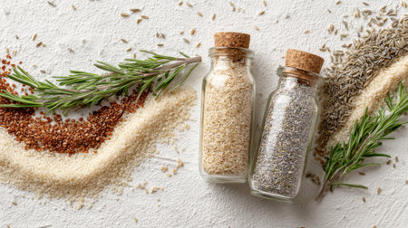 Various spices and herbs, including rosemary, are beautifully displayed on a white surface. Two small glass jars contain seasonings, complementing the arrangement.の素材