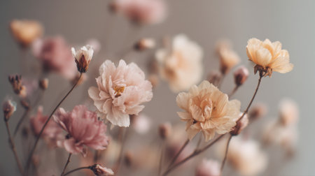 Delicate pastel flowers in shades of pink and cream create a gentle and serene atmosphere, enhancing the beauty of the surrounding space during spring.の素材