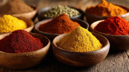 Various spices are beautifully displayed in wooden bowls on a rustic wooden table. Rich colors include bright yellows, warm reds, and earthy browns, highlighting their unique textures.の素材
