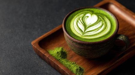 A vibrant matcha latte displays a heart-shaped design on its creamy surface, resting in a rustic bowl on a wooden tray, accompanied by fine matcha powder beside it.の素材