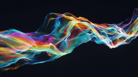 Bright, colorful waves of light move gracefully across a dark background, creating a stunning visual experience that captivates the viewer's attention and imagination.の素材