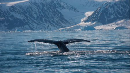 A whale's tail is seen breaking the surface of the ocean as it dives, surrounded by stunning icy mountains and glaciers. The scene captures the beauty of Arctic marine life.の素材