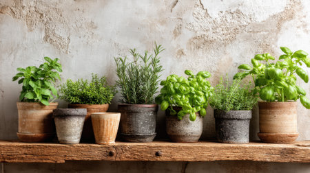 Fresh herbs in terracotta pots sit on a rustic wooden shelf. The plants include basil, rosemary, thyme, and mint, creating a vibrant and inviting atmosphere.の素材