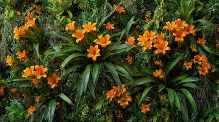 Bright orange flowers fill the garden space, surrounded by rich green leaves. The scene showcases the harmony of colors in nature, creating a peaceful atmosphere.の素材