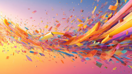 Bright colors blend in a dynamic abstract design featuring swirling shapes and confetti. The scene captures the beauty of creativity and motion during sunset.の素材