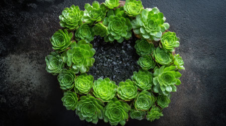 A circular wreath design made from various succulent plants with lush green rosettes sits on a textured dark background. The arrangement highlights the natural beauty of the succulents.の素材
