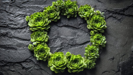 A vibrant wreath made of fresh green succulents is arranged on a textured dark stone surface. This natural decoration showcases the beauty of plants in a circular form.の素材