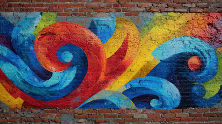 Vibrant mural displays swirling red, blue, and yellow patterns on a brick wall in a city. This artwork adds life and color to the urban landscape, creating an inviting atmosphere.の素材