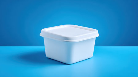 A square white container with a lid is displayed on a vibrant blue surface. The container's smooth design highlights its utility for storage or organization in various settings.の素材