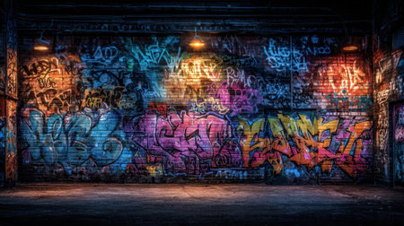 Brightly colored graffiti covers the walls of an urban alleyway, showcasing artistic designs and words. The scene creates a lively atmosphere at night, illuminated by warm lights.の素材