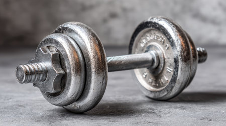 A silver dumbbell rests on a concrete surface, ready for workouts focused on strength training. The gym environment suggests a dedication to fitness and exercise routines.の素材