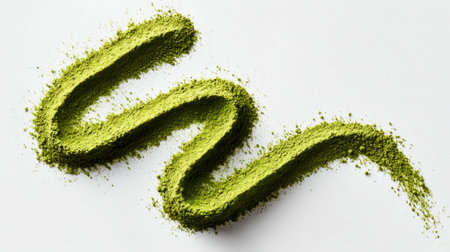 Bright green matcha powder forms a flowing design on a clean white background, showing its fine texture and color, perfect for cooking and baking or vibrant drinks.の素材