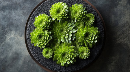 A stunning display of various green succulents is arranged intricately in a round container. The vibrant plants contrast beautifully with the dark background, creating an eye-catching centerpiece.の素材