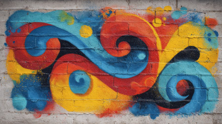 Colorful swirls of red, blue, yellow, and black come together in a striking mural on a brick wall, creating a lively urban atmosphere filled with artistic expression.の素材