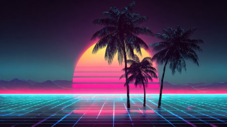 A stunning retro sunset casts warm hues of pink and orange over a geometric grid landscape, while tall palm trees stand peacefully against the vibrant sky.の素材