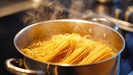 Spaghetti is boiling in a stainless steel pot on the stove. Steam rises from the pasta, adding warmth to the cozy kitchen scene. The atmosphere is inviting and homey.の素材