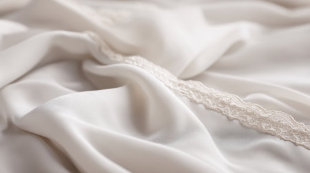 Gently draped white silk fabric showcases its smooth texture and subtle sheen. Delicate lace trim adds an elegant touch to the soft material in warm lighting.の素材